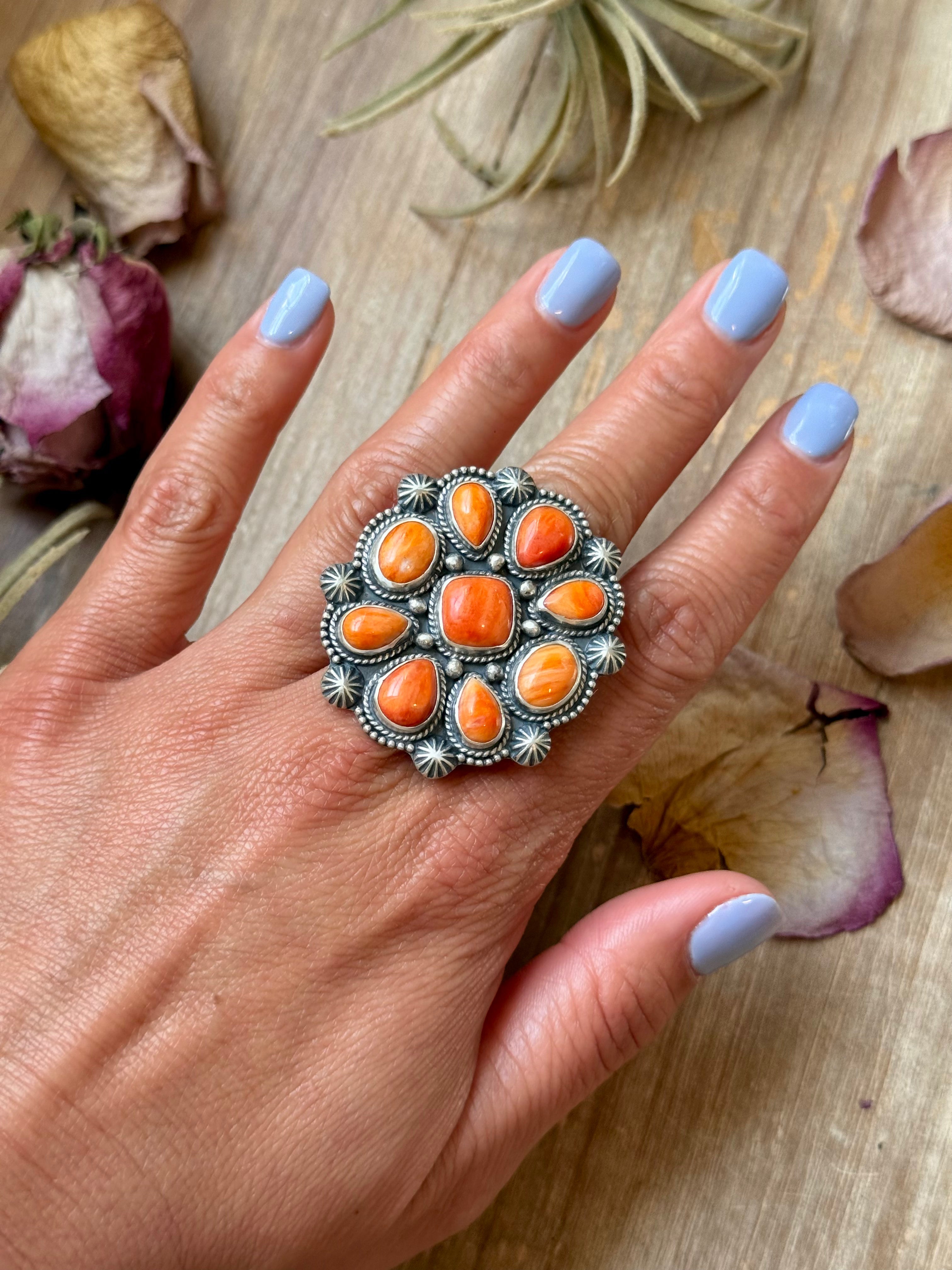 Orange Spiny Oyster Cluster Ring – Sterling Silver Mosaic Ring Size 7.5 | Shay Pfeiffer