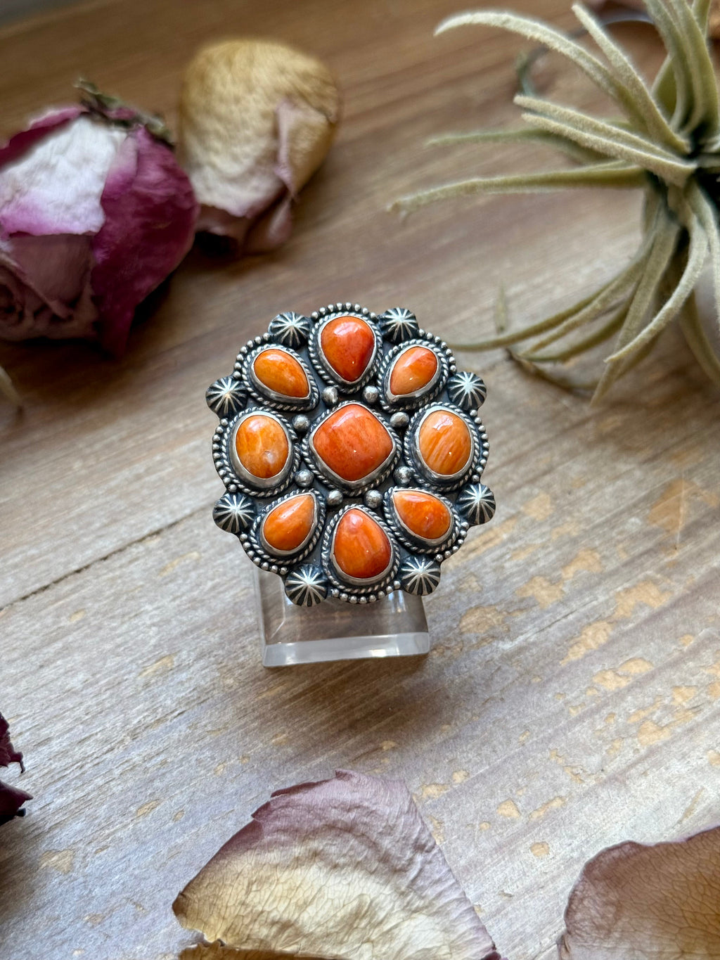 Orange Spiny Oyster Cluster Ring – Sterling Silver Mosaic Ring Size 7.5 | Shay Pfeiffer