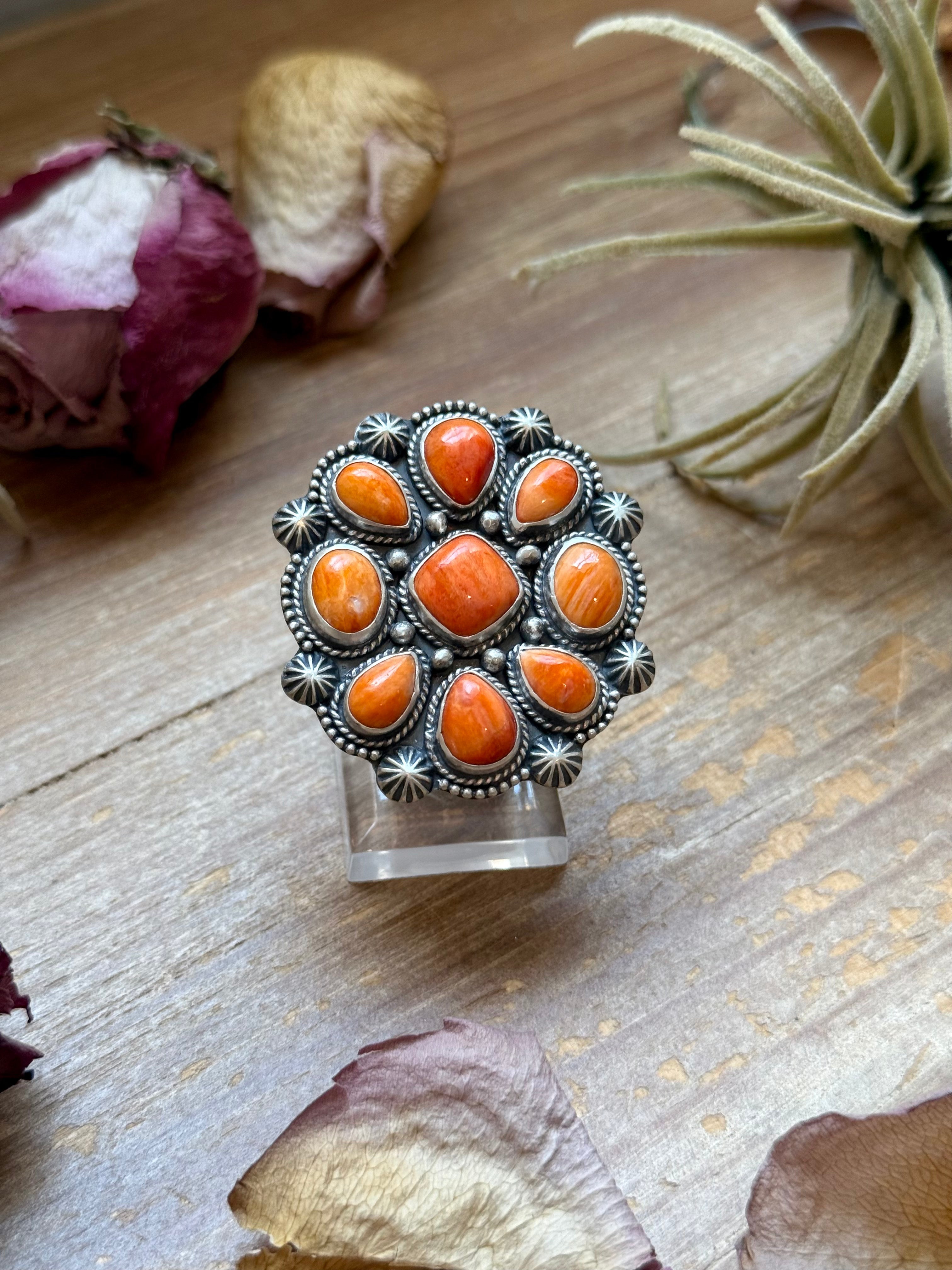 Orange Spiny Oyster Cluster Ring – Sterling Silver Mosaic Ring Size 7.5 | Shay Pfeiffer