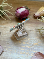 Mosaic Cluster Ring – Sterling Silver – Sonoran Mountain, Blue Ridge Turquoise & Spiny Oyster – Size 9 – Artist Shay Pfeiffer