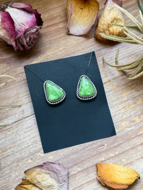Carico Lake turquoise sterling silver stud earrings handmade by Jason Ogg with green blue stones and golden matrix.