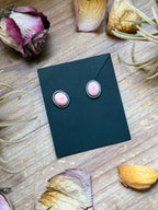 Pink conch sterling silver stud earrings by Jason Ogg, soft blush shell tones, handmade southwestern jewelry, classic everyday studs USA
