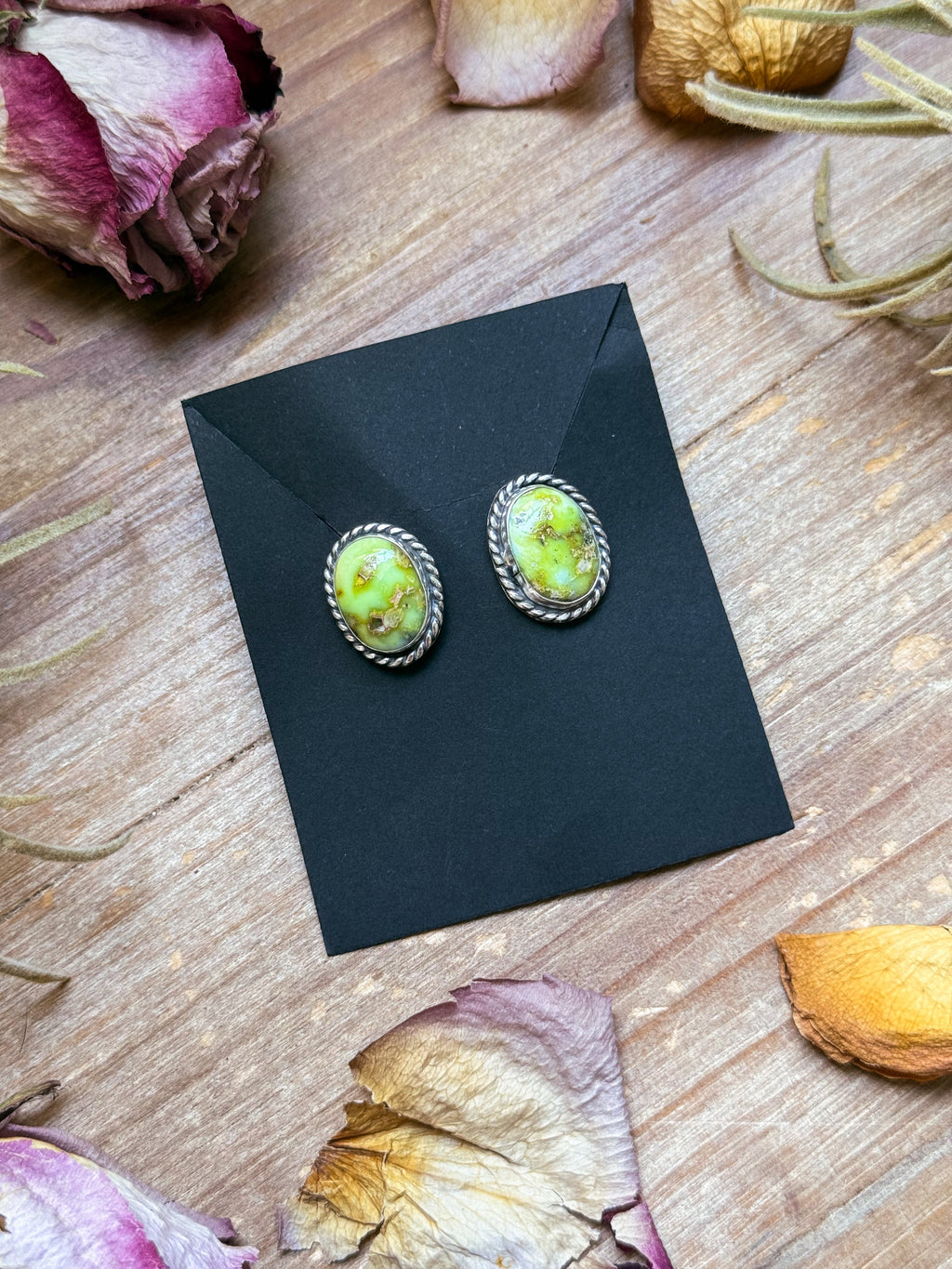 Palomino variscite sterling silver stud earrings handmade by Jason Ogg with natural green stone and matrix pattern.
