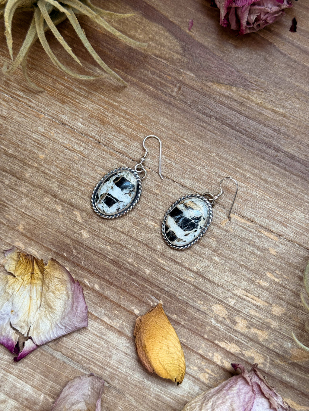 White Buffalo Stone Sterling Silver Dangle Earrings | Artist Jason Ogg