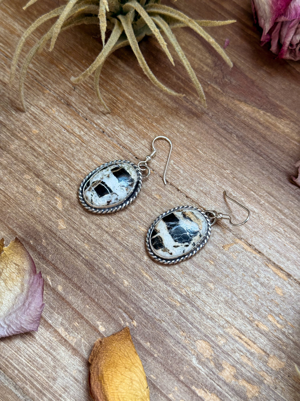 White Buffalo Stone Sterling Silver Dangle Earrings | Artist Jason Ogg