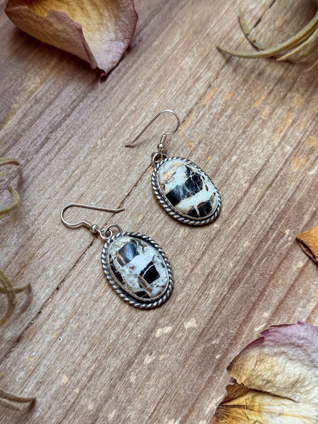 White Buffalo Stone Sterling Silver Dangle Earrings | Artist Jason Ogg