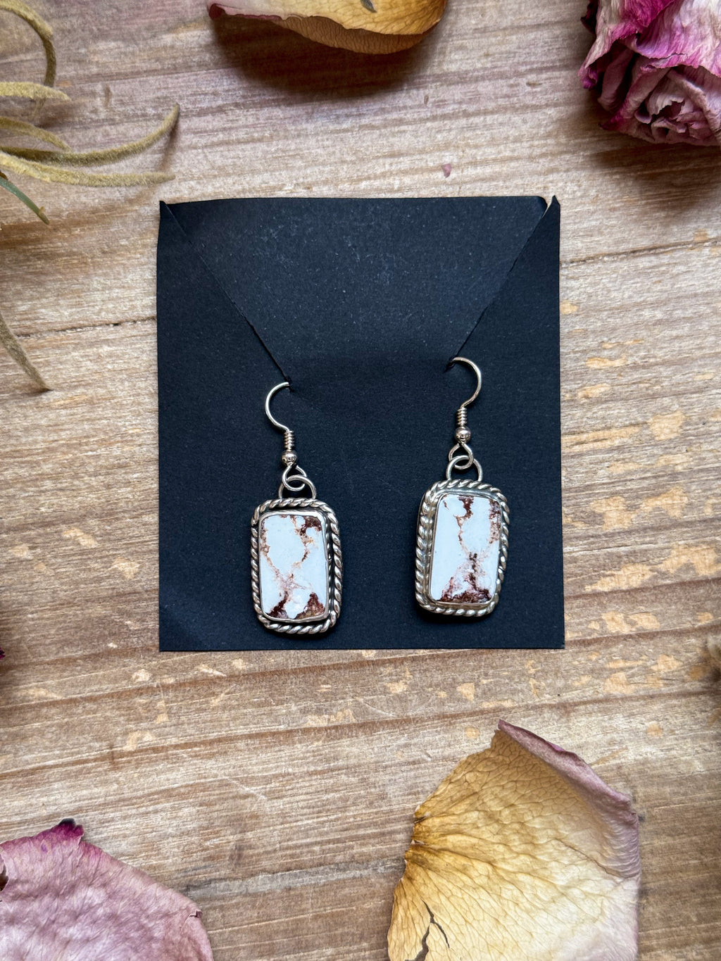 Wild Horse jasper sterling silver dangle earrings handmade by Jason Ogg with white brown and maroon natural stone.