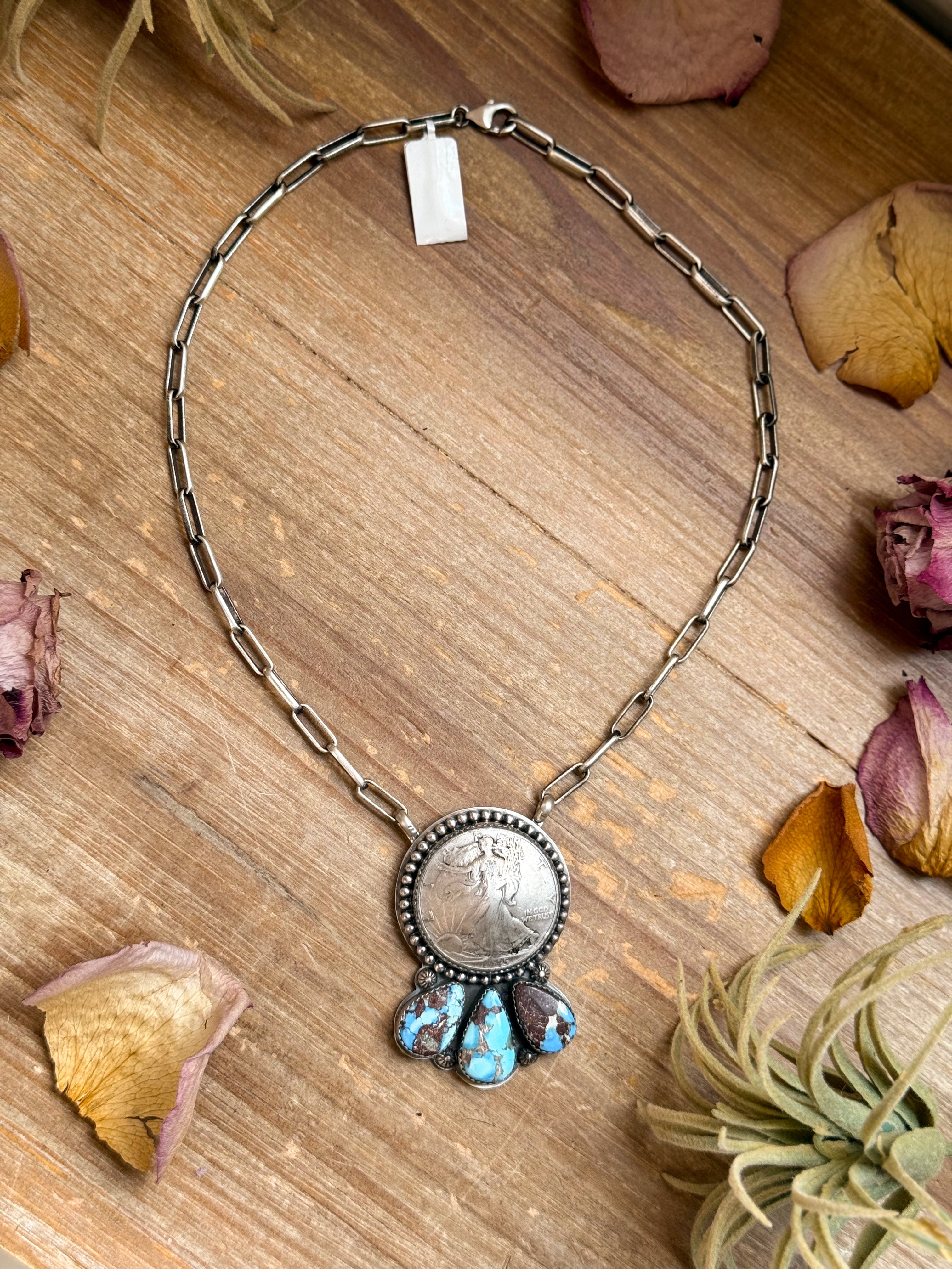 Sterling Silver Liberty Coin Necklace with Golden Hill Turquoise – 16” – 1945 Coin
