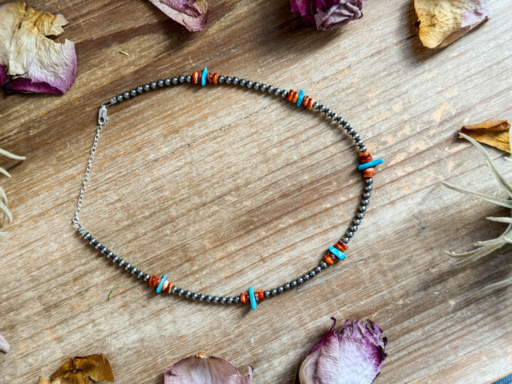 Sleeping Beauty Turquoise & Spiny Oyster Necklace – Sterling Silver Pearls 14.5” | The Bijoux FAB