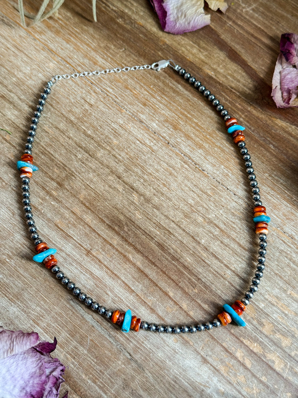Sleeping Beauty Turquoise & Spiny Oyster Necklace – Sterling Silver Pearls 14.5” | The Bijoux FAB