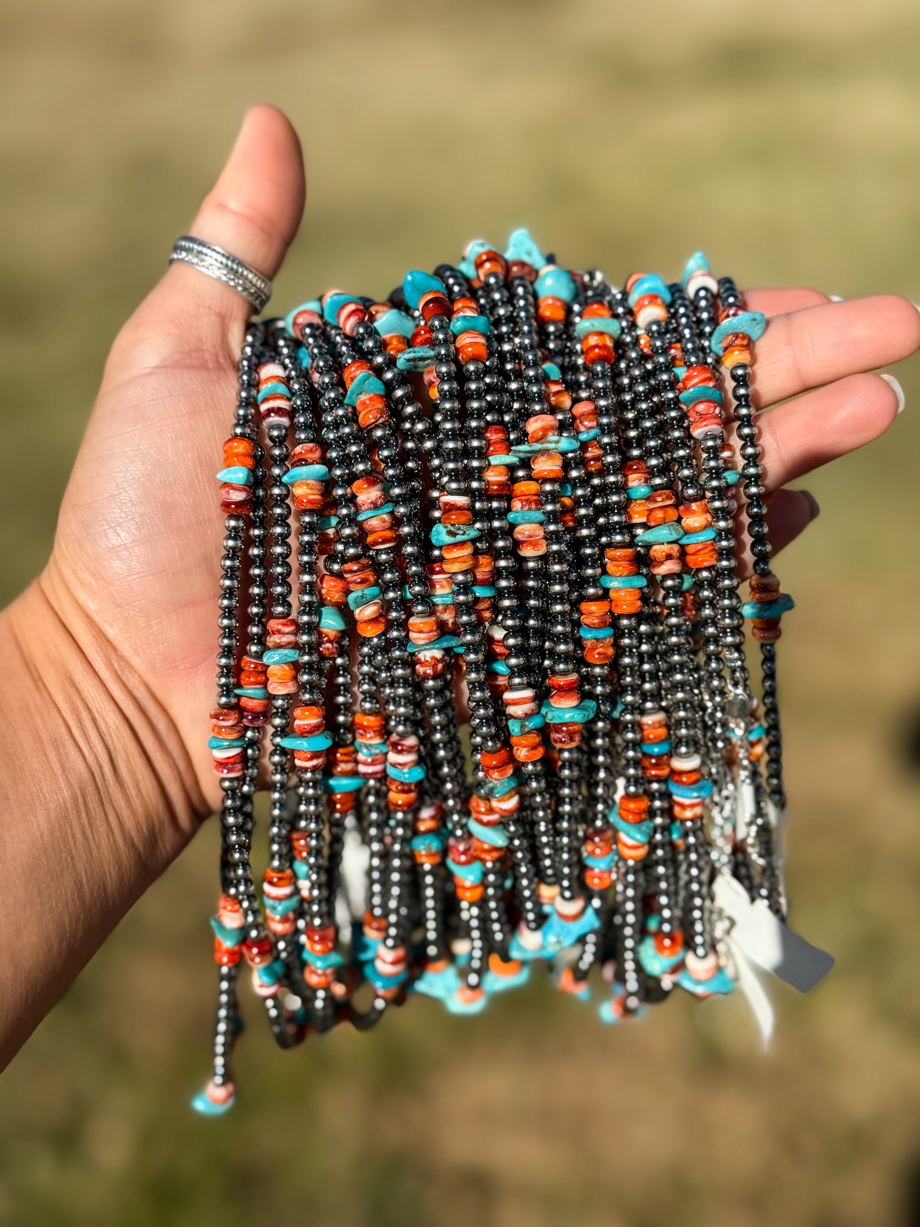 Sleeping Beauty Turquoise & Spiny Oyster Necklace – Sterling Silver Pearls 14.5” | The Bijoux FAB