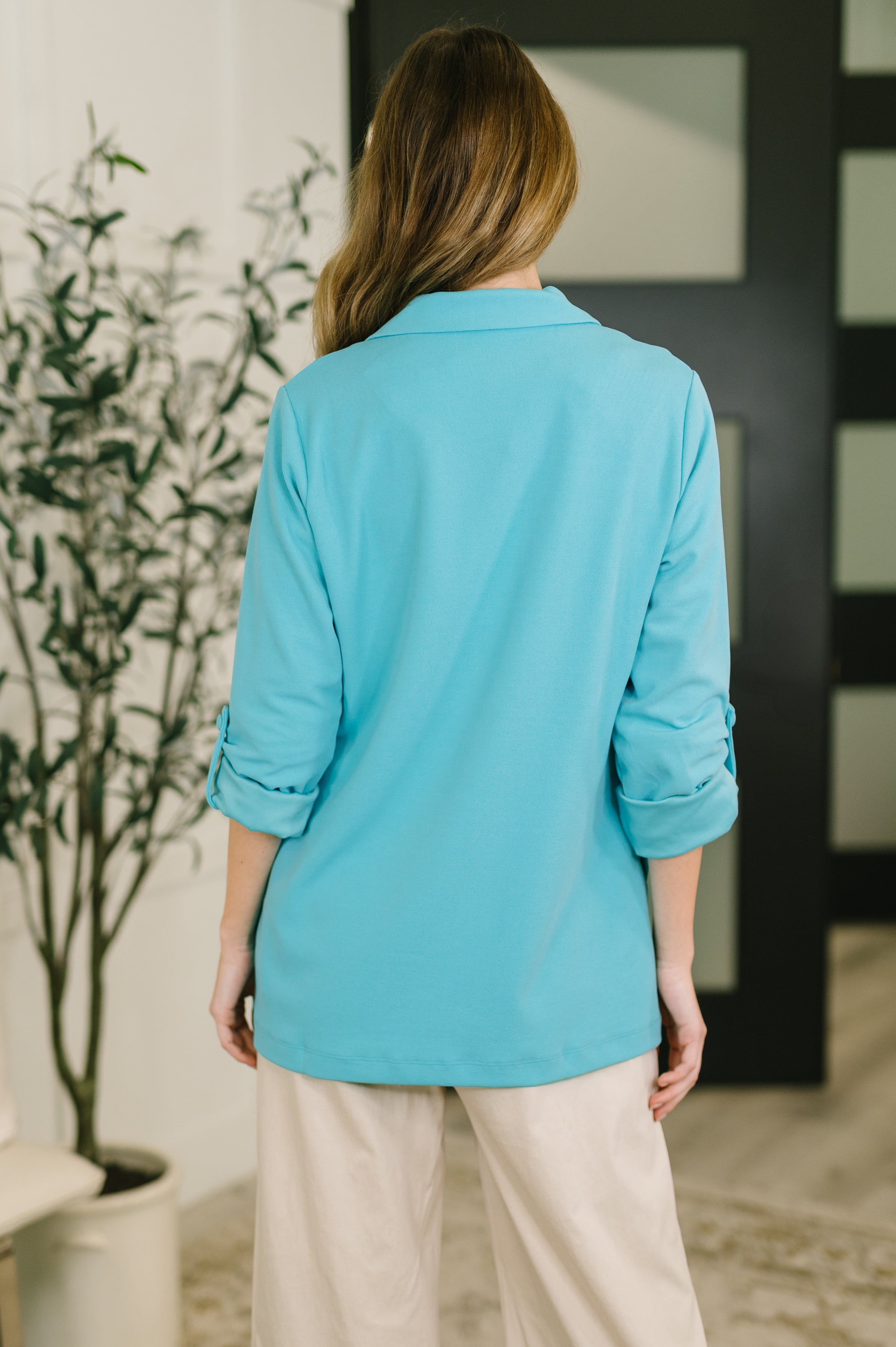 I'm Really That Gal Open Front Blazer in Aqua