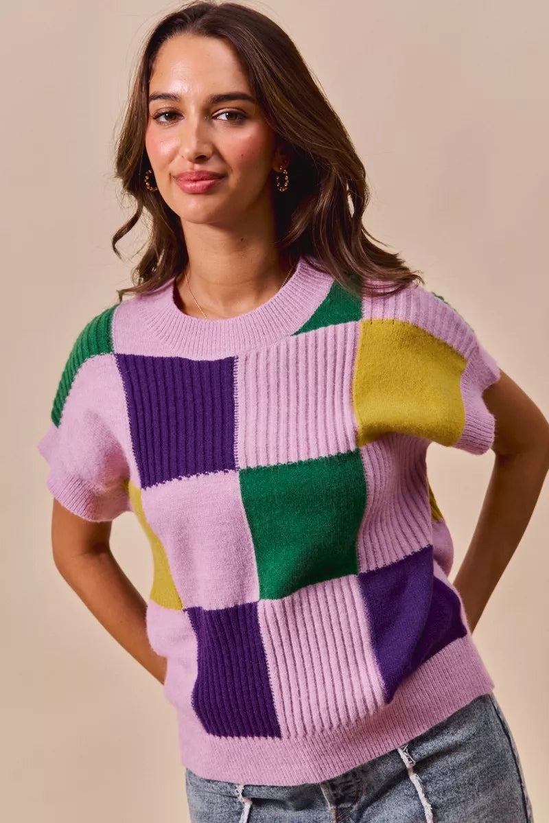 Mardi Gras Purple Green and Yellow checkered top casual outfit styling