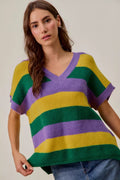 Loose fit V-neck knit sweater top with colorful Mardi Gras stripes, casual festive outfit styling purple green gold