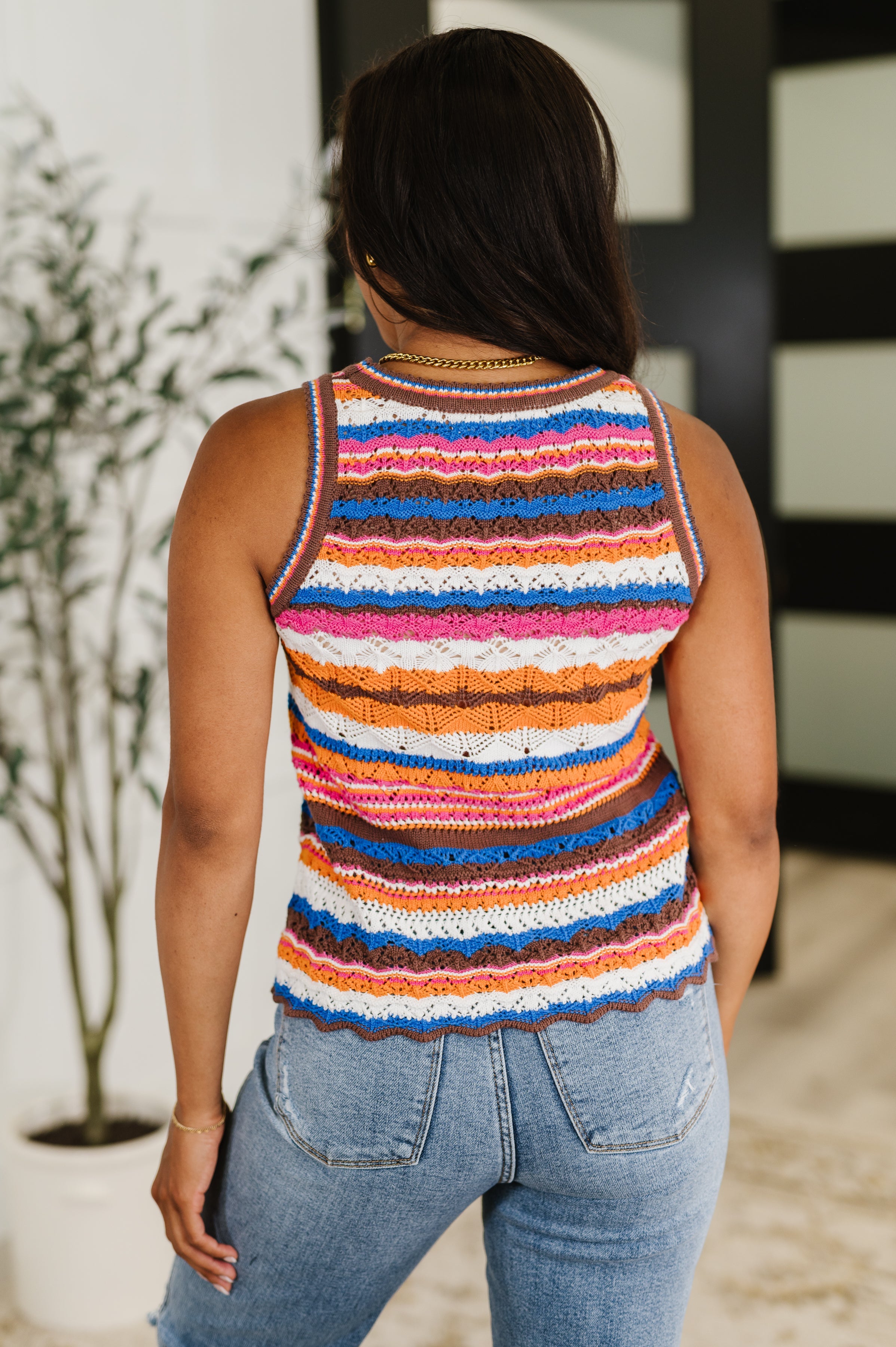 Striped Sweater Knit Tank Top – Scalloped Hem Cotton Tank
