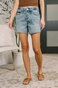 Judy Blue Paige high rise cutoff shorts with button fly, distressed raw hem, and structured stretch denim.