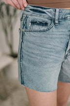 Judy Blue Paige High Rise Rigid Magic Cutoff Shorts – Button Fly Distressed Denim