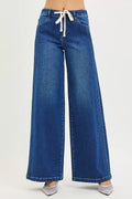 RISEN Pull-Together Mid-Rise Wide-Leg Pintuck Jeans for women with tie waist