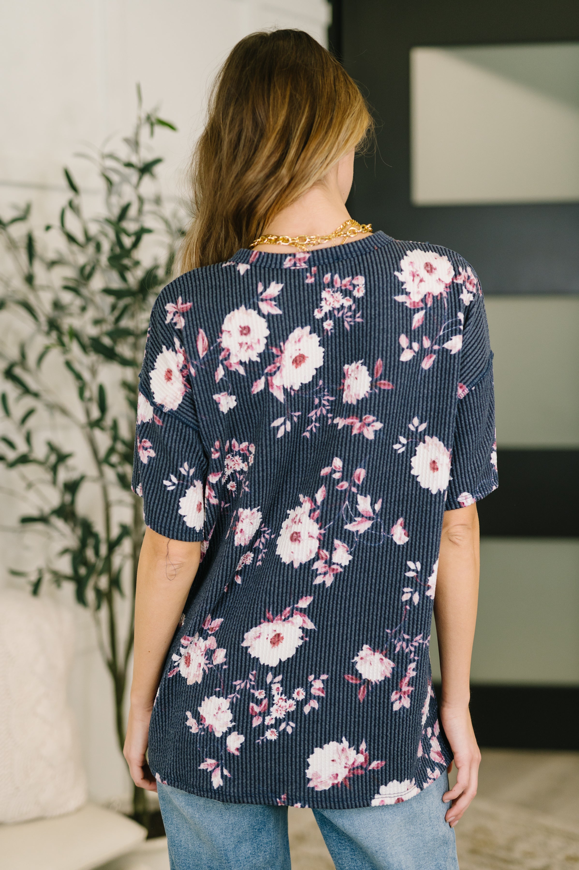Floral Henley Top – Cable Ribbed Stretch Short Sleeve Shirt