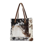 Myra Mesa Trail Patchwork Hairon Tote Bag for Women Rustic Cowhide Design, Brown Leather Handles for Everyday Utility