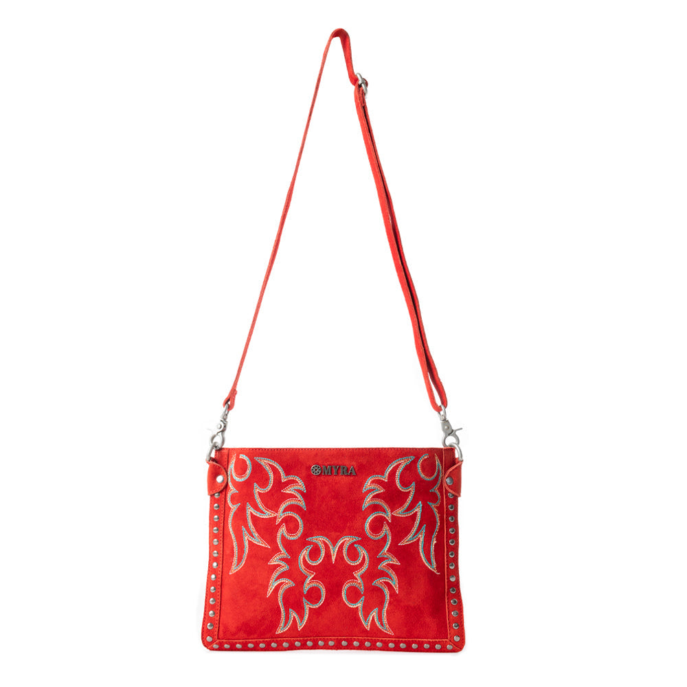 Myra Texas Rose Embroidered Leather Sling Bag for Women â€“ Suede Finish with Silver Studded Detail