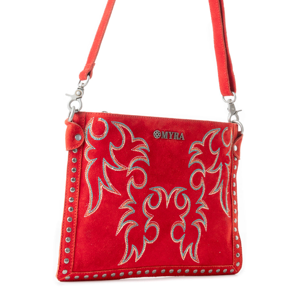 Myra Texas Rose Embroidered Leather Sling Bag for Women â€“ Suede Finish with Silver Studded Detail