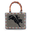 Myra Free Rein Western hand beaded Bag in grey with bamboo handle and horse embroidery