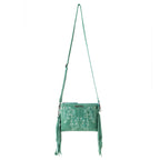 Myra Boot Stitch Suede Bag for Women in green with embroidery and fringe detail