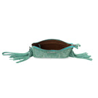 Myra Boot Stitch Suede Bag for Women in green with embroidery and fringe detail