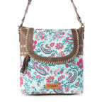 Myra Lagoon Lily upcycled canvas Bag for Women in blue with leather and weaved flap