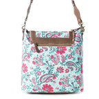 Myra Lagoon Lily upcycled canvas Bag for Women in blue with leather and weaved flap