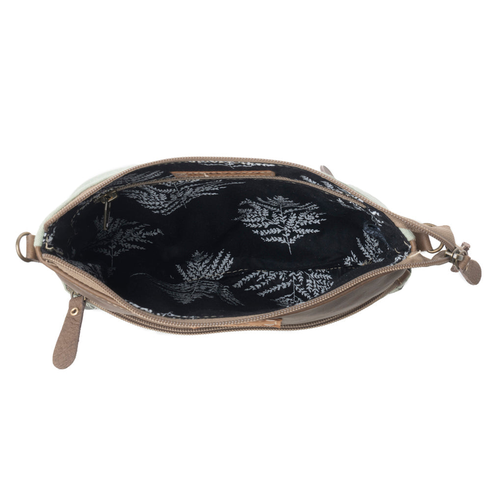 Myra Wildprint Trail upcycled canvas crossbody Bag for Women in sage with floral detail