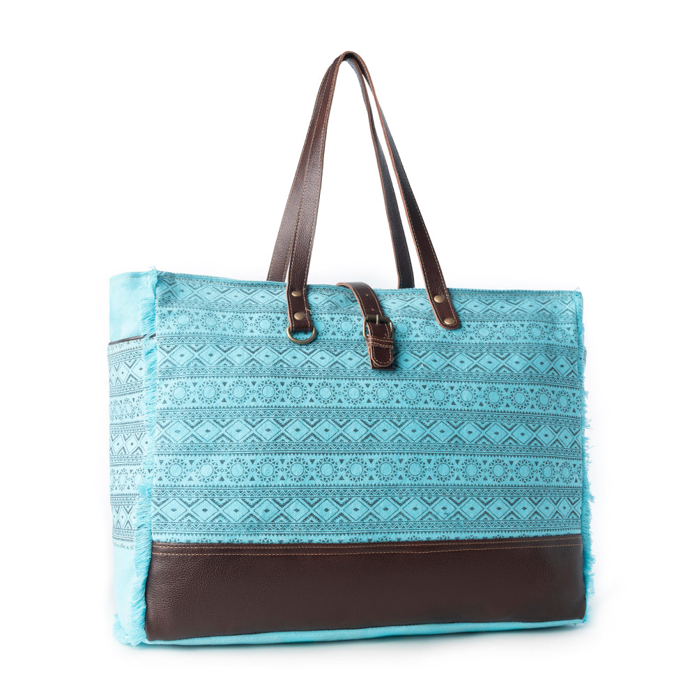 Myra Aztec Sky Western Weekender Bag for Women in turquoise with print detail