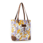 Myra Retro Bloom upcycled canvas tote Bag for Women in yellow with leather detail