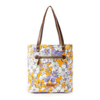 Myra Retro Bloom upcycled canvas tote Bag for Women in yellow with leather detail