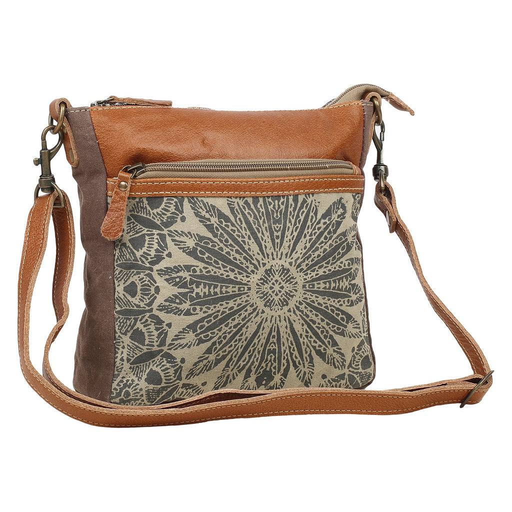 Myra Dizzy Circle Leather Shoulder Bag for Women â€“ Sunburst Floral Print, Adjustable Strap, Rustic Everyday Companion