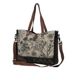 Myra Mystique Canvas Leather Messenger Bag - Dual Strap Floral Satchel with Vintage Print and Adjustable Crossbody Design