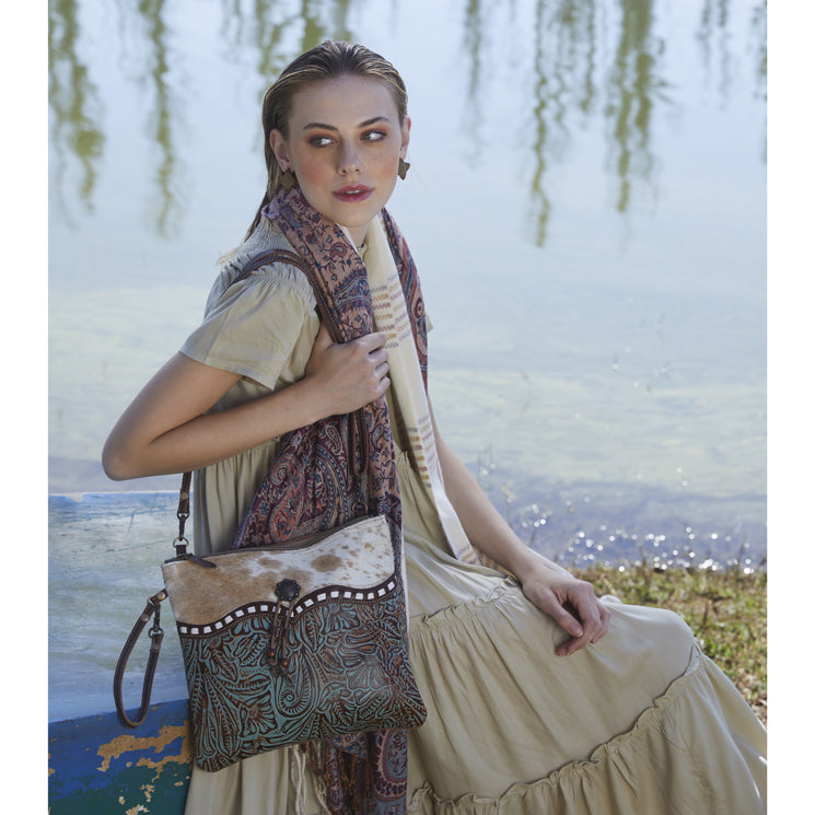 Myra Blue Isle Embossed Leather Crossbody Bag for Women Small Size Western Sling with Hairon Accents