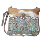 Myra Blue Isle Embossed Leather Crossbody Bag for Women Small Size Western Sling with Hairon Accents