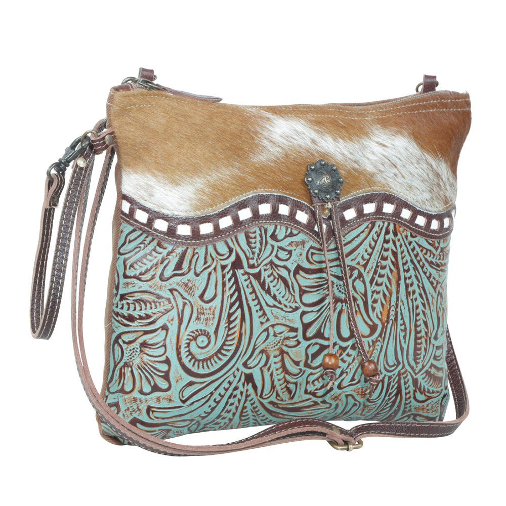 Myra Blue Isle Embossed Leather Crossbody Bag for Women Small Size Western Sling with Hairon Accents