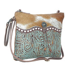 Myra Blue Isle Embossed Leather Crossbody Bag for Women Small Size Western Sling with Hairon Accents