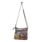 Myra La Fleur Patchwork Crossbody Bag â€“ Floral Canvas Panels, Brown Leather Accents, Boho Cowgirl Everyday Purse
