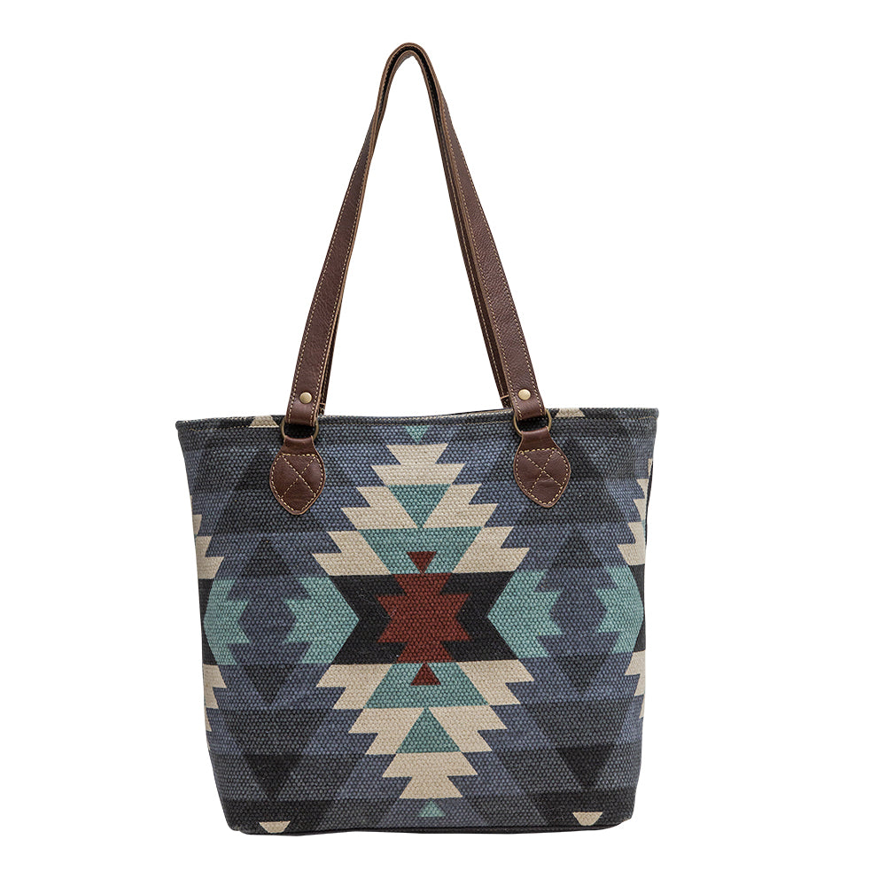 Myra Polos Aztec Canvas Tote for Women â€“ Tribal Print Body with Dual Leather Handles for Everyday Western Style