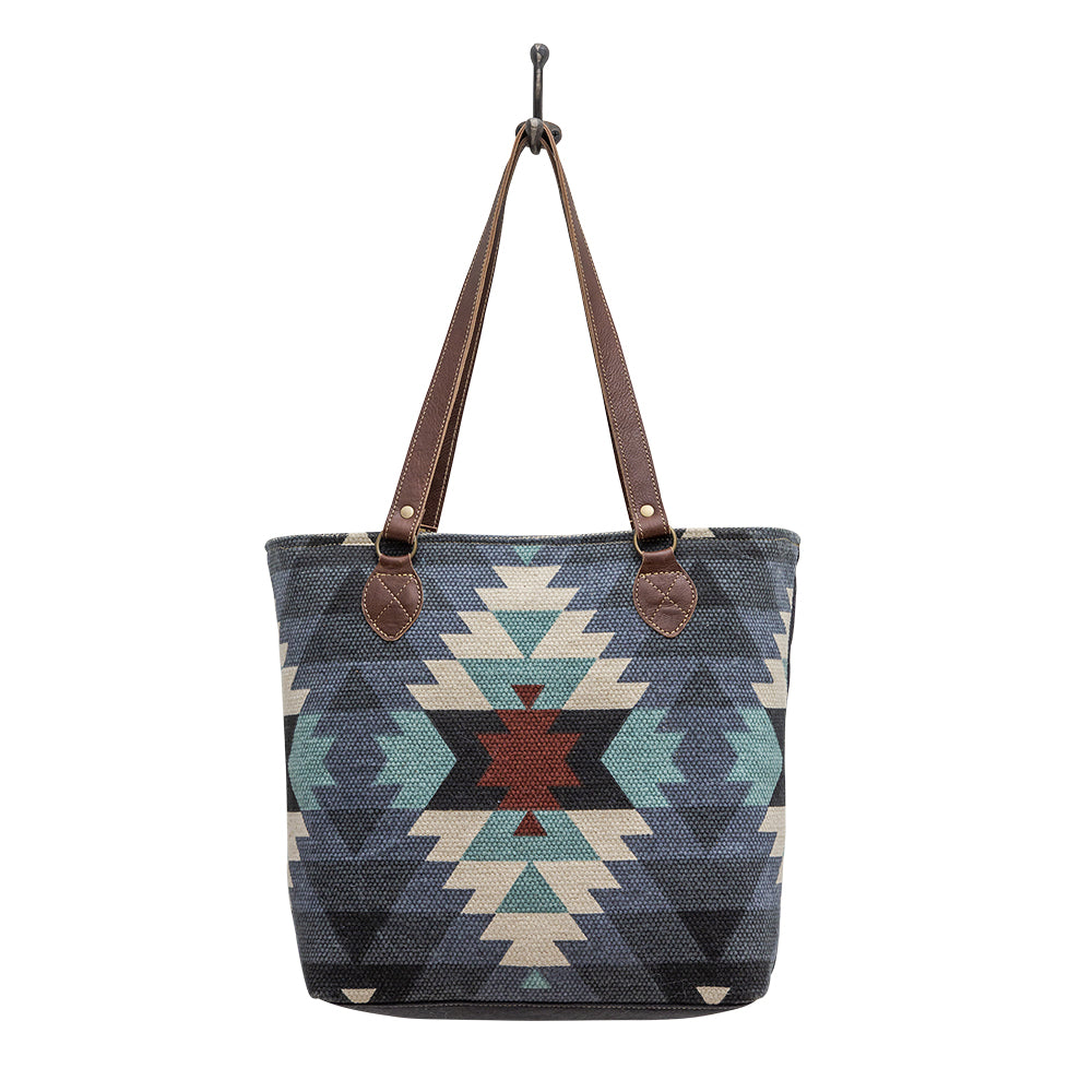 Myra Polos Aztec Canvas Tote for Women â€“ Tribal Print Body with Dual Leather Handles for Everyday Western Style