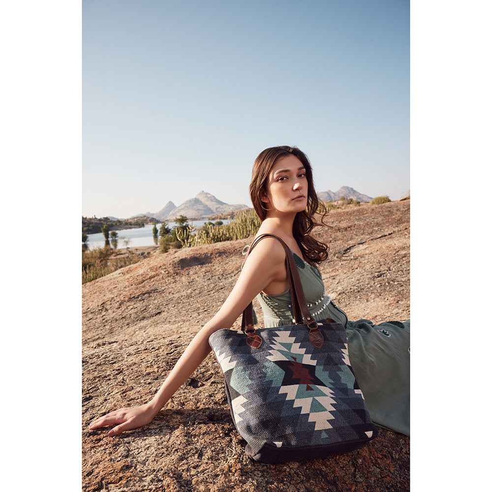 Myra Polos Aztec Canvas Tote for Women â€“ Tribal Print Body with Dual Leather Handles for Everyday Western Style