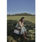 Myra Sand Weaver Shoulder Bag for Women â€“ Rustic Brown Leather, Jacquard Geometric Print, Turquoise Stone Snap for Ranch Chic
