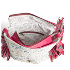 Myra Rosa Verde Hand Tooled Leather Sling Bag for Women â€“ Pink Floral Western Flap, Fringe Sides, Speckled Print Body