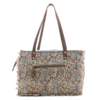 Myra San Ysidro Falls Floral Weekender Bag for Women â€“ Distressed Fabric, Leather Handles & Rustic Fringe Details