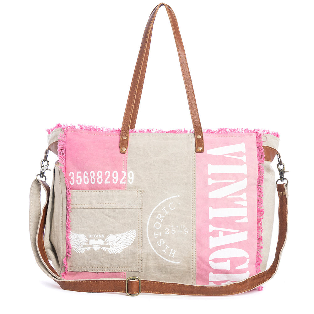 Myra Queen Creek Weekender Bag in Pink - Spacious Leather Travel Tote with Patchwork, Leather Handles, and Playful Retro Vibes