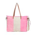 Myra Queen Creek Weekender Bag in Pink - Spacious Leather Travel Tote with Patchwork, Leather Handles, and Playful Retro Vibes